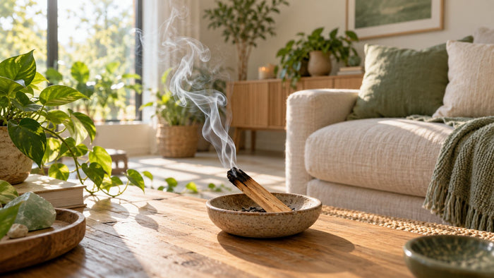 Cannello di Palo Santo fumante in un soggiorno luminoso con piante verdi