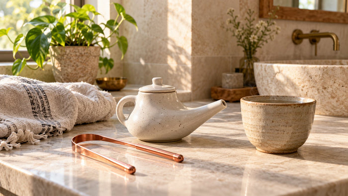 Nettalingua in rame, neti pot in ceramica e asciugamano di lino su un piano in pietra