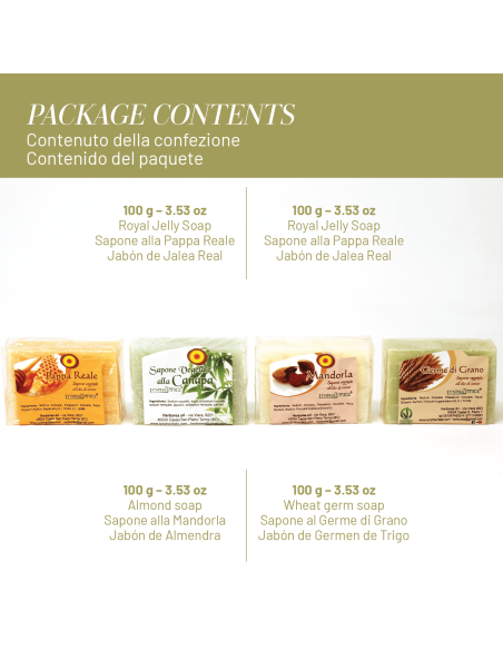 Kit 4 Saponette Artigianali – Mandorla, Germe di Grano, Pappa Reale, Canapa