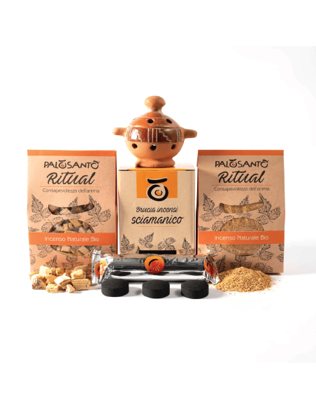 Brûleur d'encens + Grains et poudre de Palo Santo + Charbons de bois - Kit de Palo Santo