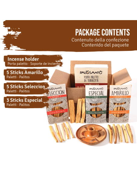 Porta Incienso + Variedad de Palo Santo: 5 Palitos Amarillo - 5 Palitos Selección - 3 Palitos Especial