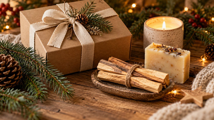 Scatola regalo con cannelli di Palo Santo, sapone naturale e candela su tavolo di legno