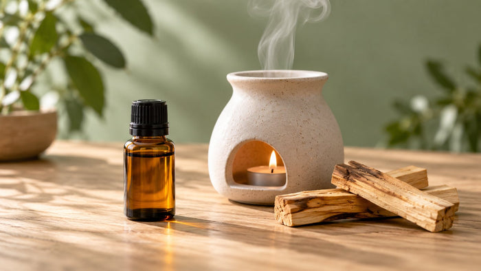 Flaconcino ambrato di olio essenziale con diffusore in ceramica e rametti di Palo Santo