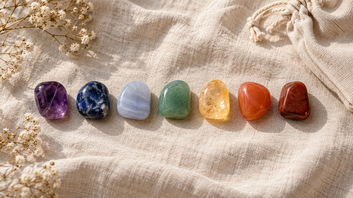 Sette pietre burattate dei chakra disposte su un panno di lino