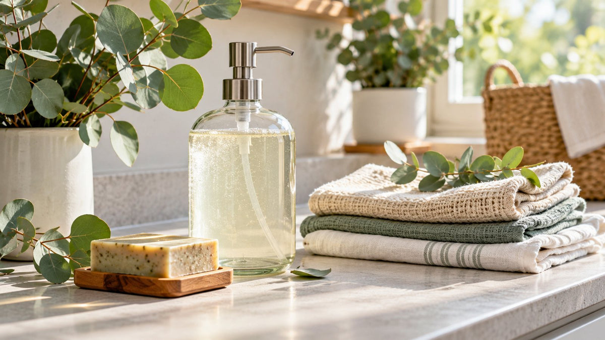 Detersivo ecologico in flacone di vetro, panni di cotone e saponetta artigianale