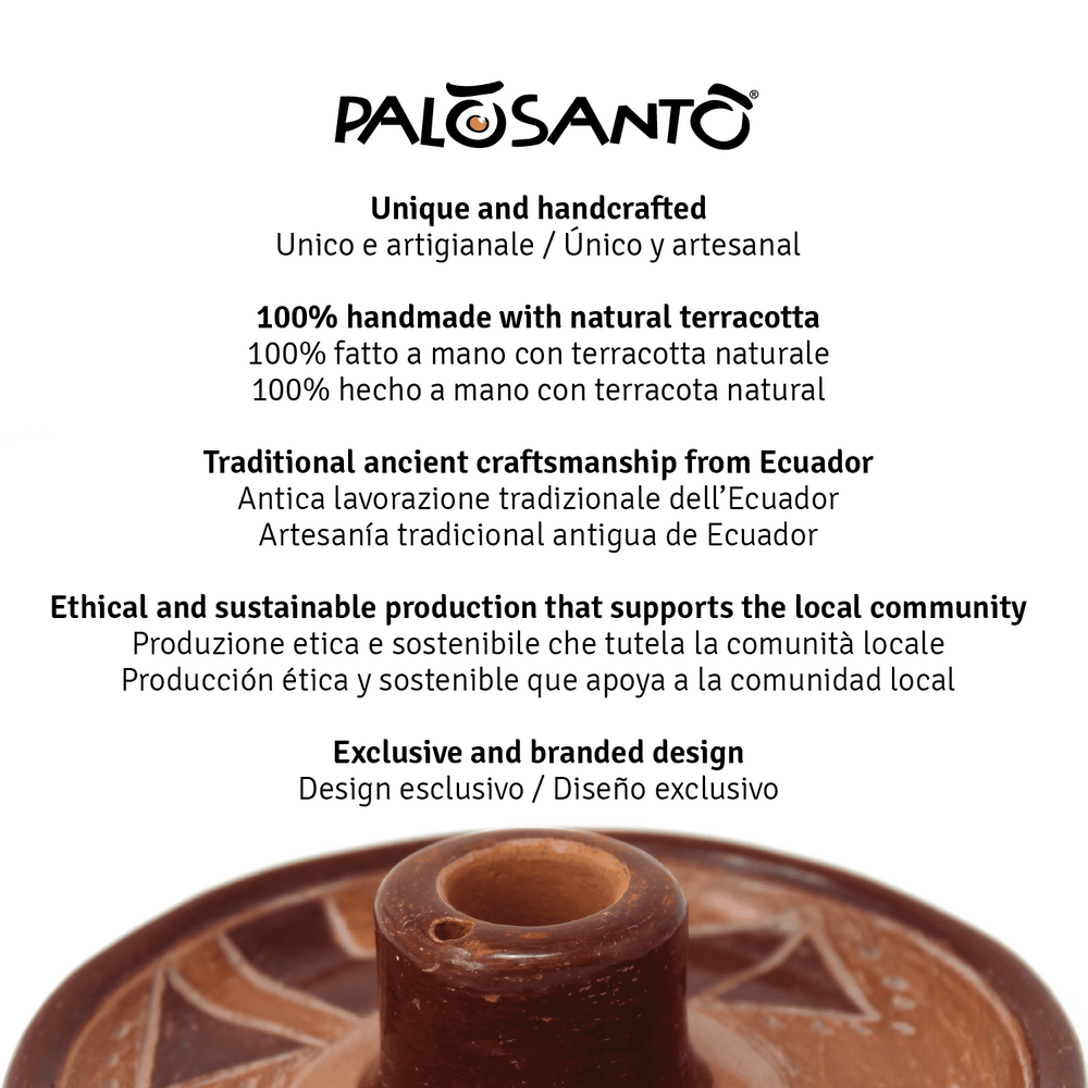 Piatto Porta Incenso 'Mochica' In Terracotta Artigianale Con Paletto Palo Santo Incluso - dettaglio 7