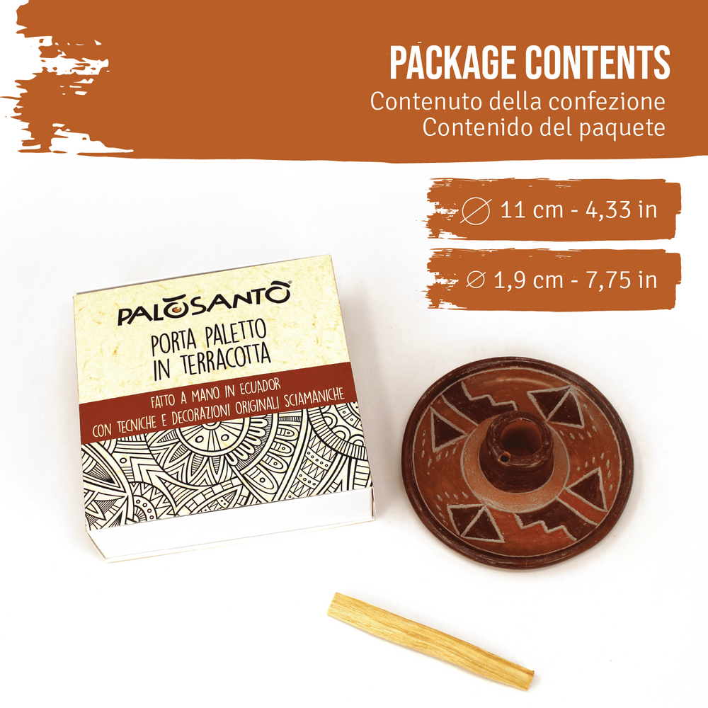 Piatto Porta Incenso 'Mochica' In Terracotta Artigianale Con Paletto Palo Santo Incluso - dettaglio 2