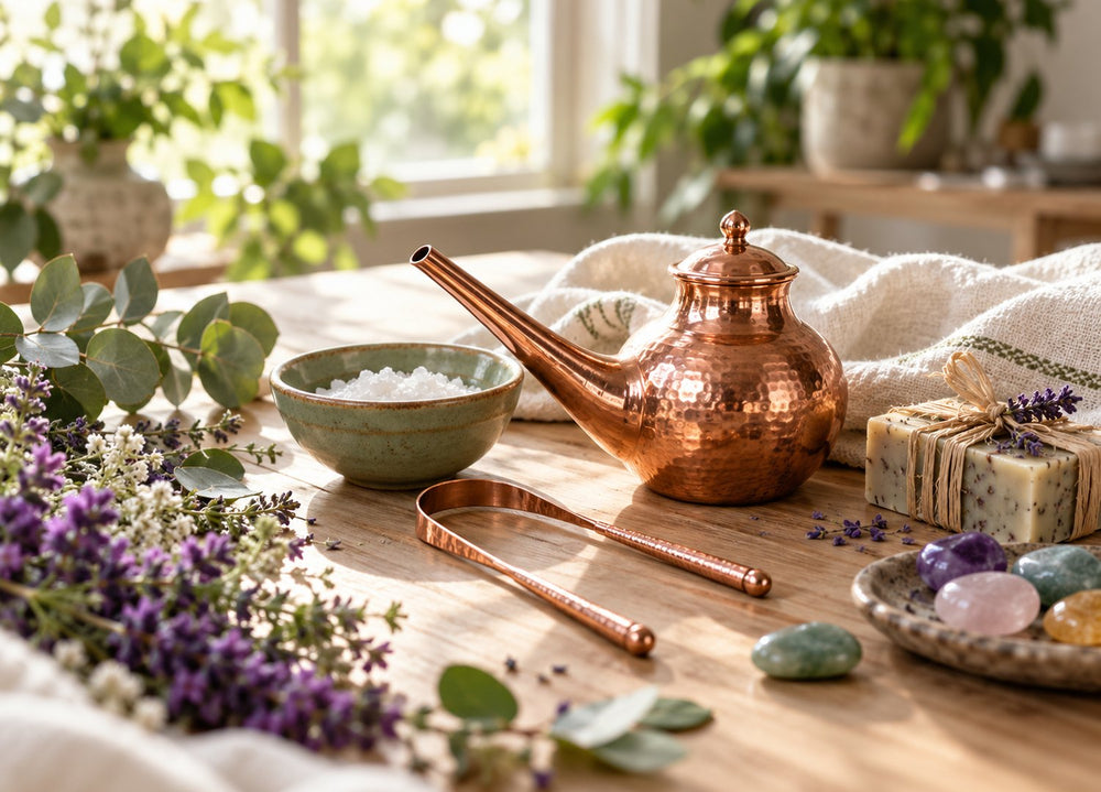 Neti pot in rame, nettalingua, sale, sapone alla lavanda e pietre chakra su un tavolo di legno